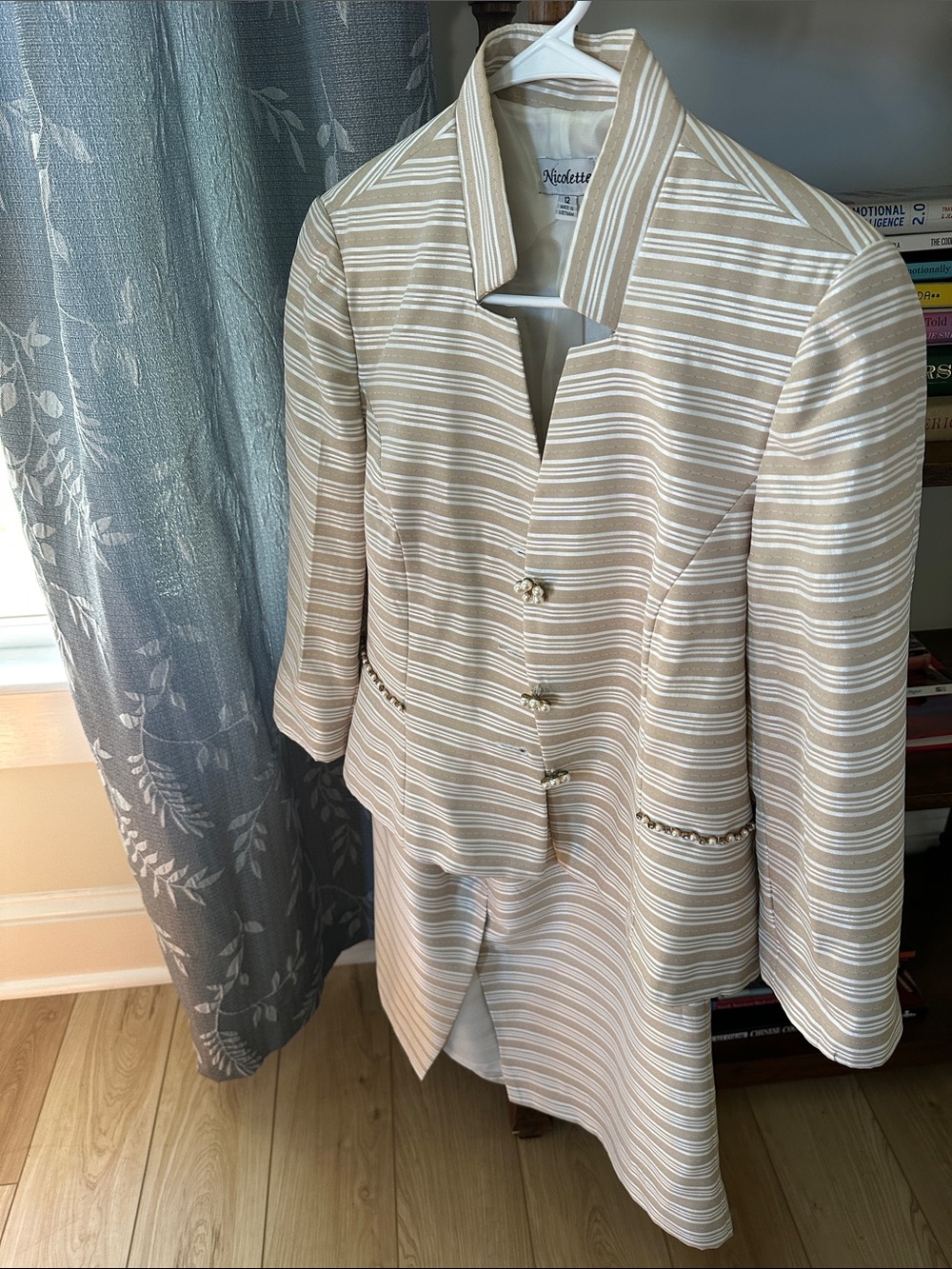 Nicolette Beige & White Striped Women's Blazer Jacket and Paired Skirt